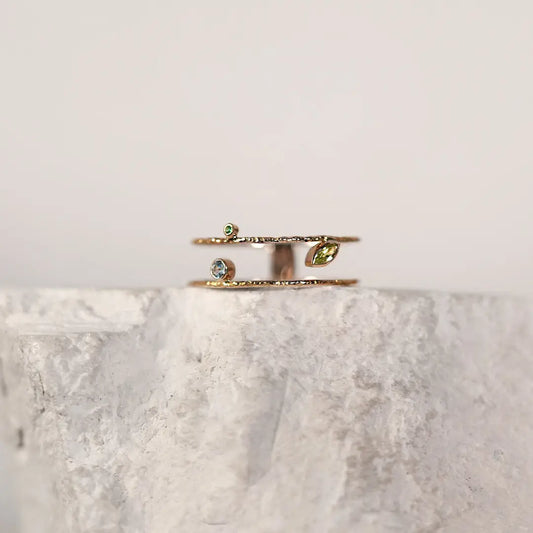 18k Gold Double Band Mini Hammered Marquise Ring