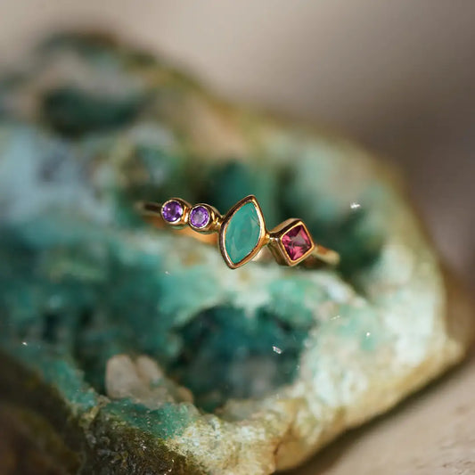 18k Gold Free Style Ring with Andean Opal, Rhodolite and Amethysts