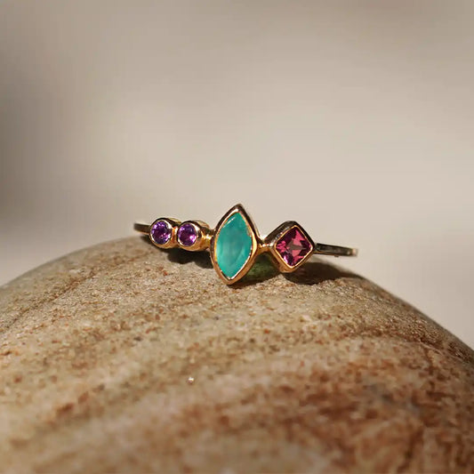 18k Gold Free Style Ring with Andean Opal, Rhodolite and Amethysts