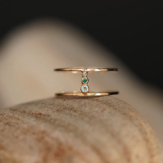 Senda Double Band 18k Gold Ring with Precious Stones