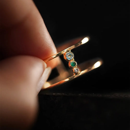 Senda Double Band 18k Gold Ring with Precious Stones