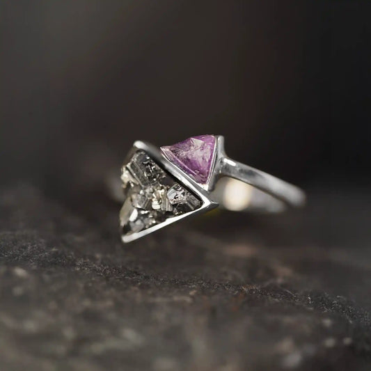 Silver Ring Triangle and Pyramid Amethyst & Pyrite