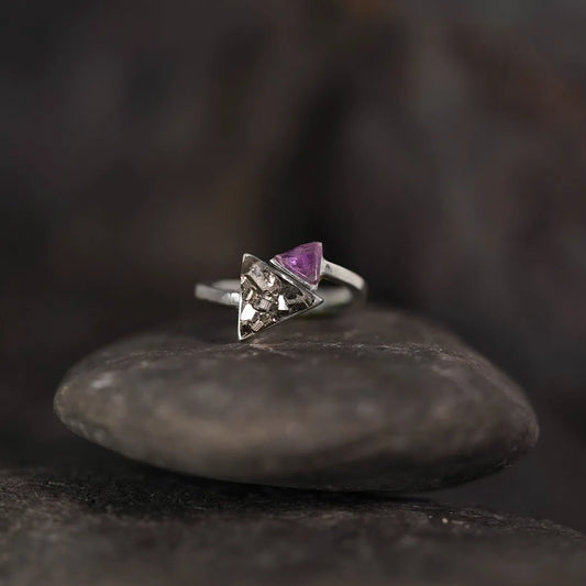 Silver Ring Triangle and Pyramid Amethyst & Pyrite