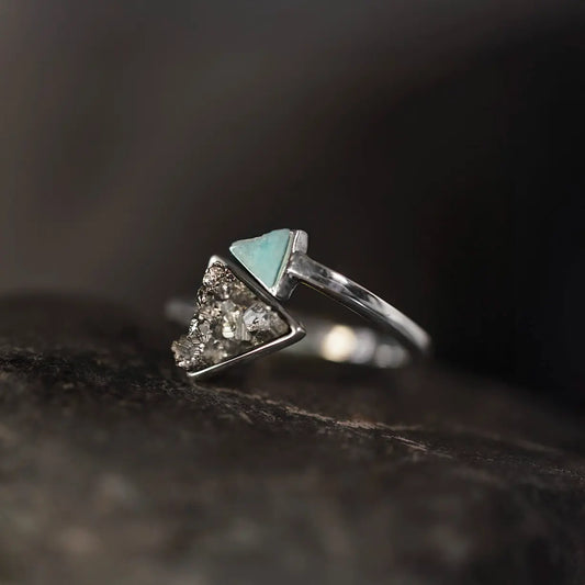 Amazonite & Pyrite Triangle and Pyramid Silver Ring