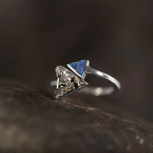 Silver Triangle and Pyramid Ring with Lapis Lazuli and Pyrite