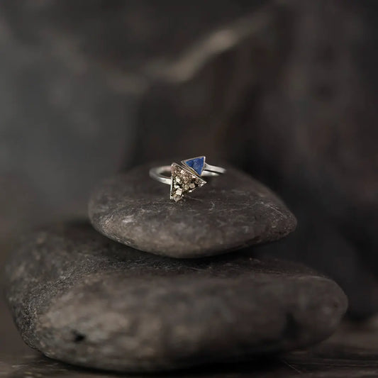 Silver Triangle and Pyramid Ring with Lapis Lazuli and Pyrite