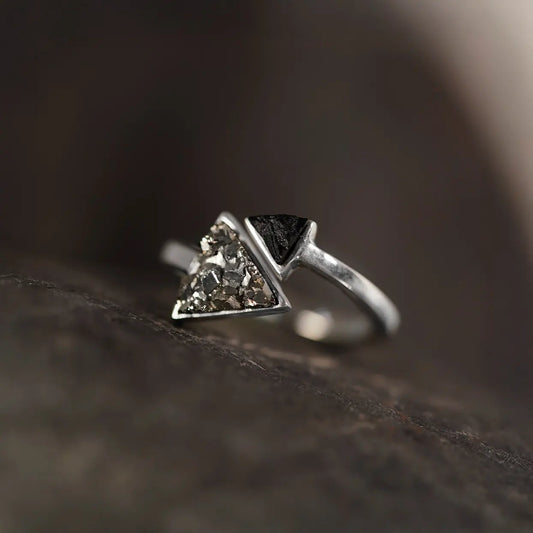 Silver Triangle and Pyramid Ring with Black Tourmaline and Pyrite