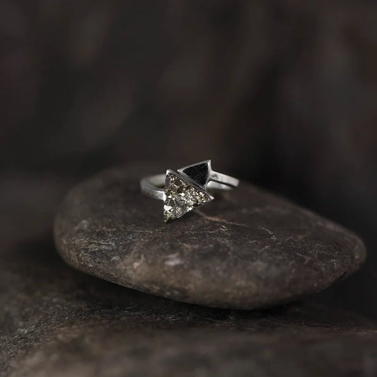 Silver Triangle and Pyramid Ring with Black Tourmaline and Pyrite