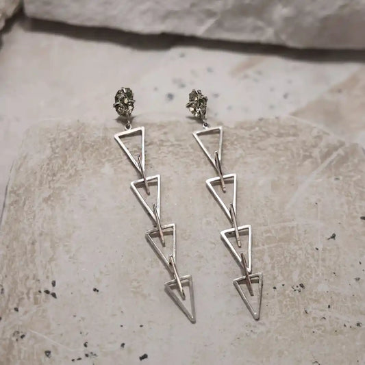 Silver Earrings with a Chain of Triangles and Pyrite