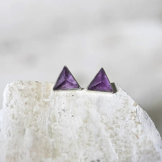 Silver Pyramid Earrings with Amethyst