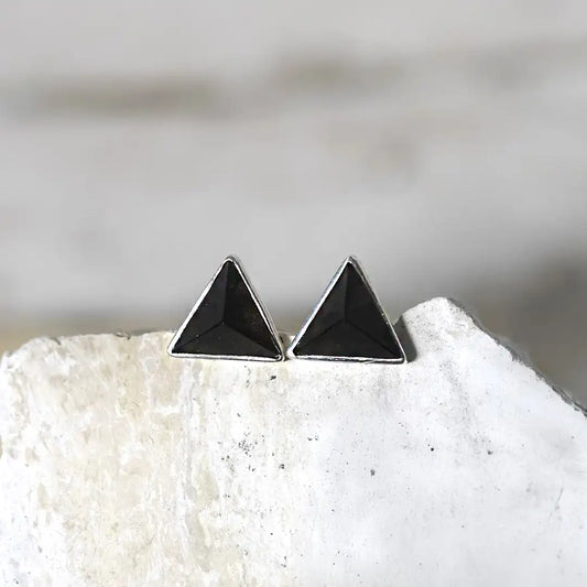Pyramid Silver Earrings with Obsidian