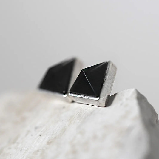 Pyramid Silver Earrings with Obsidian