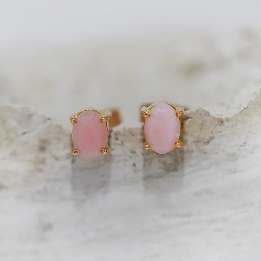 18k Gold Oval Earrings with Pink Opal