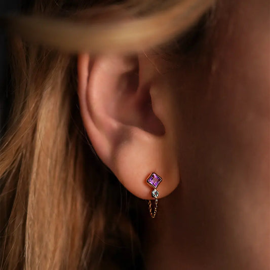 18k Gold Chain Mini Kite Earrings with Amethyst and Topaz