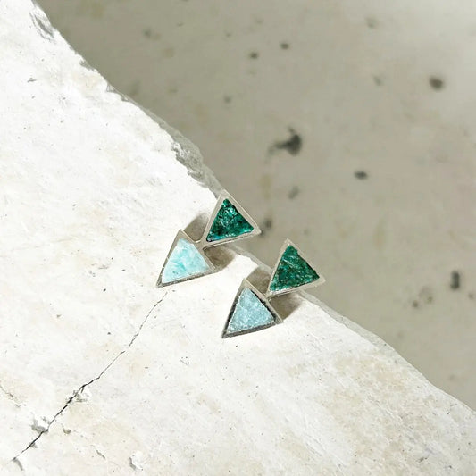 Petit Chrysocolla and Amazonite Double Triangle Silver Earrings