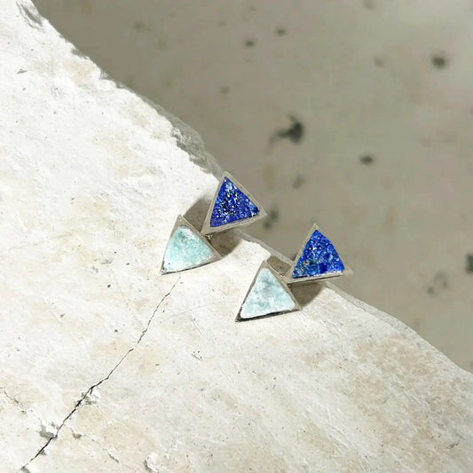 Petit Lapis Lazuli and Amazonite Double Triangle Silver Earrings