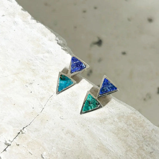 Petit Lapis Lazuli and Chrysocolla Double Triangle Silver Earrings