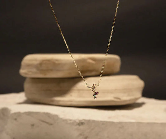18k Gold Mini Muerdago Necklace with Rhodolite, Emerald, and Diamond