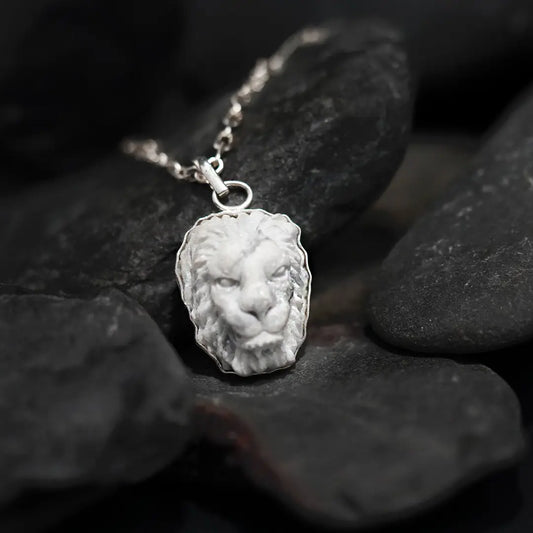 XL Lion Head Silver Pendant on White Marble