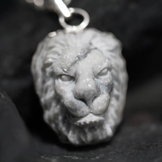 XL Lion Head Silver Pendant on White Marble