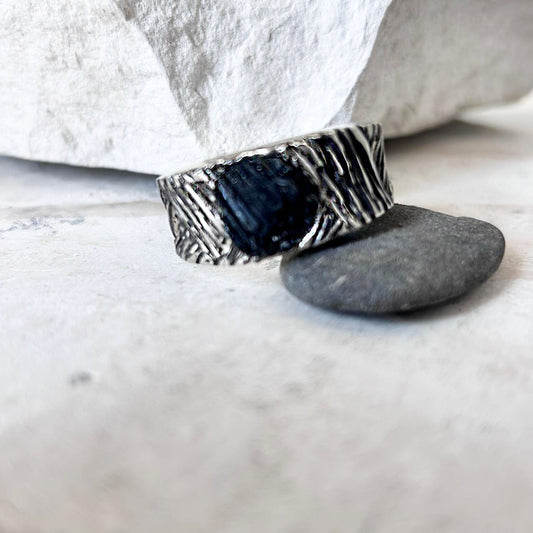 XL Textured Silver Ring with Black Tourmaline