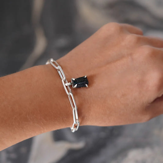 Silver Link Bracelet with Raw Stone and Black Tourmaline