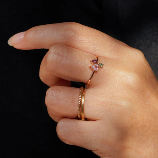 18k Gold Ring Trio Pink Tourmaline, Amethyst and Emerald
