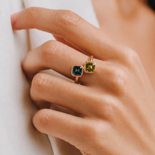 18k Gold Double Cube Peridot and Topaz Ring