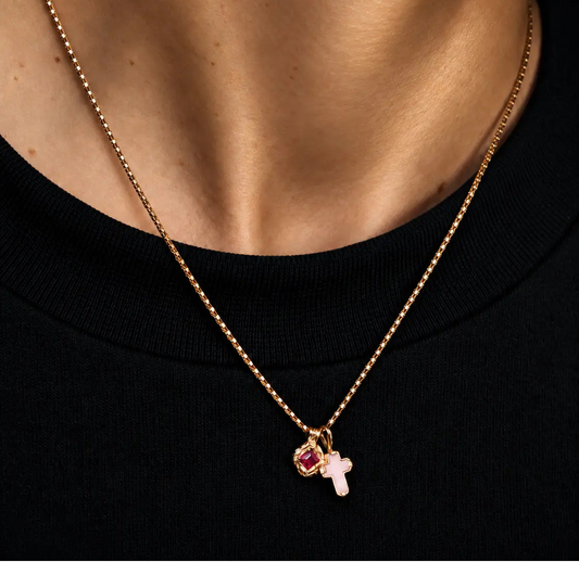 Dije de Oro 18k Cruz Mini Ópalo Rosa