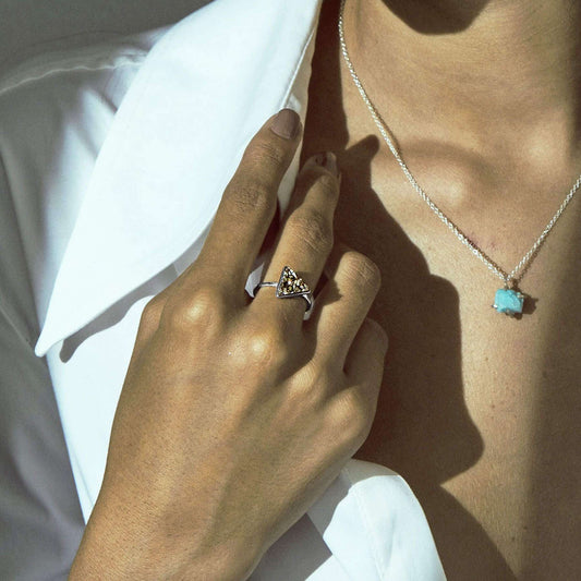 Silver Pyramid Ring with Pyrite